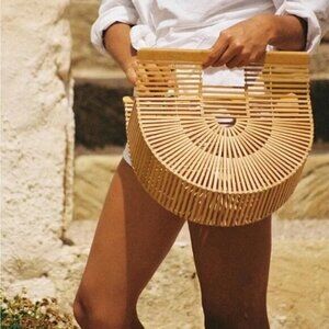 Vintage Ark Basket clutch wood mini half circle bag